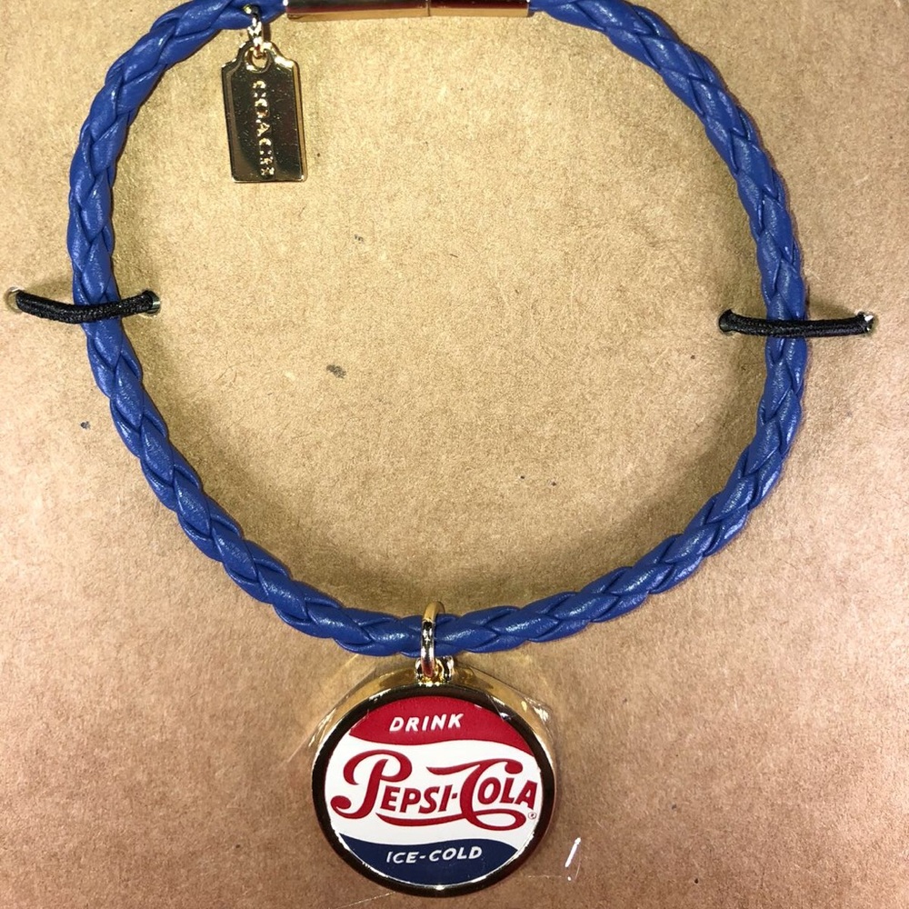 Coach Leather Blue Braided Pepsi Charm Bracelet